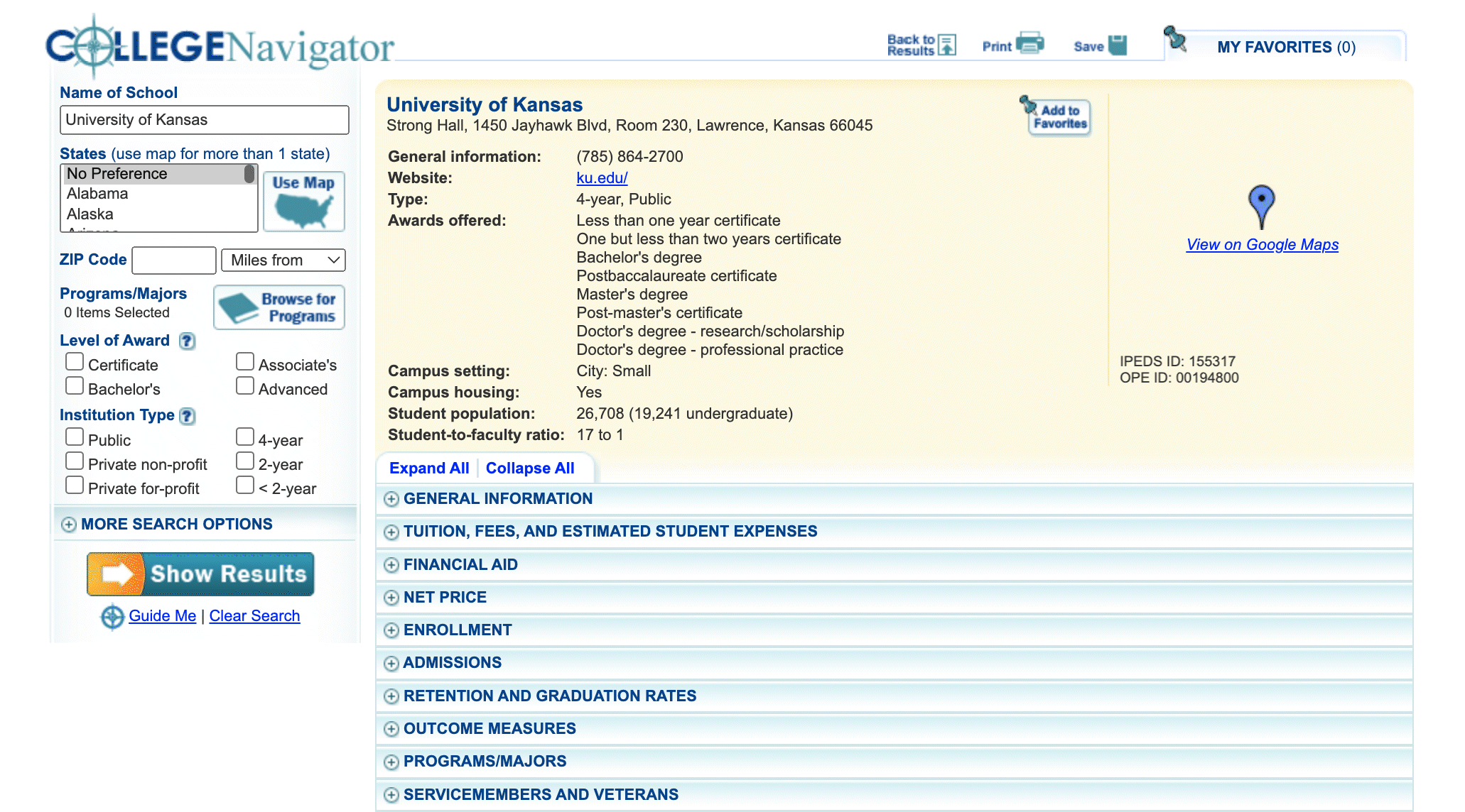 NCES College Navigator Website